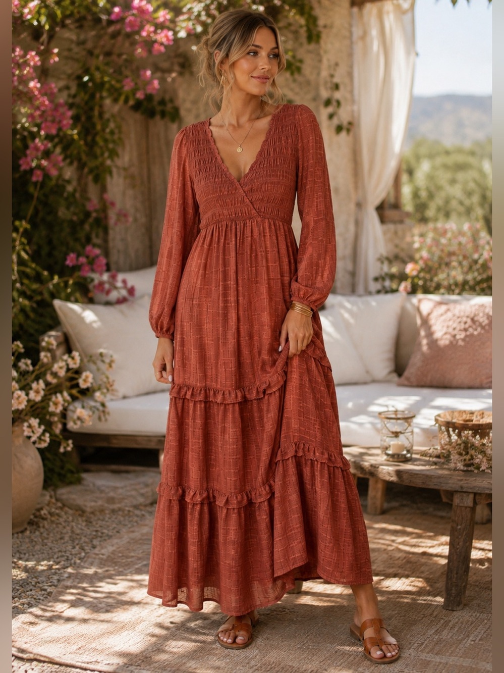 Anthropologie Moon River Rust Smocked Tiered Maxi Dress XS Boho Cottagecore